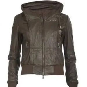 All Saints Brown Leather Zip-Up Hooded Jacket